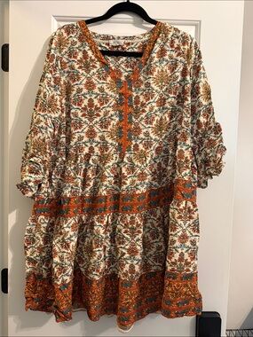 Fat Face Cream Floral Dress with Orange and Teal Accents US12